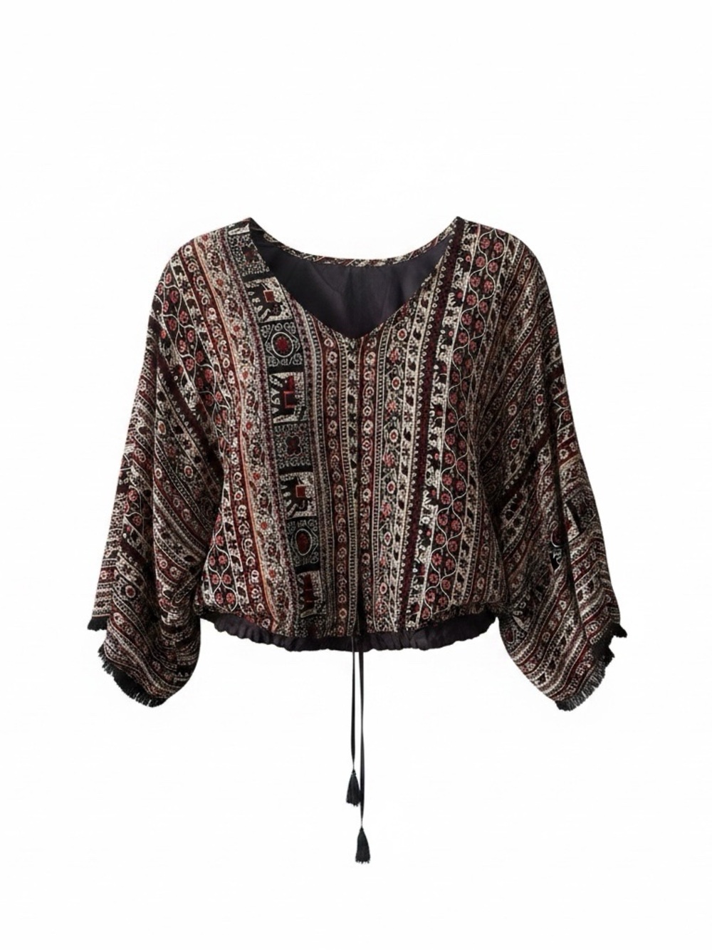 Boho Patterned Silky Kimono Blouse | Drawstring Hem & Tassel Detail